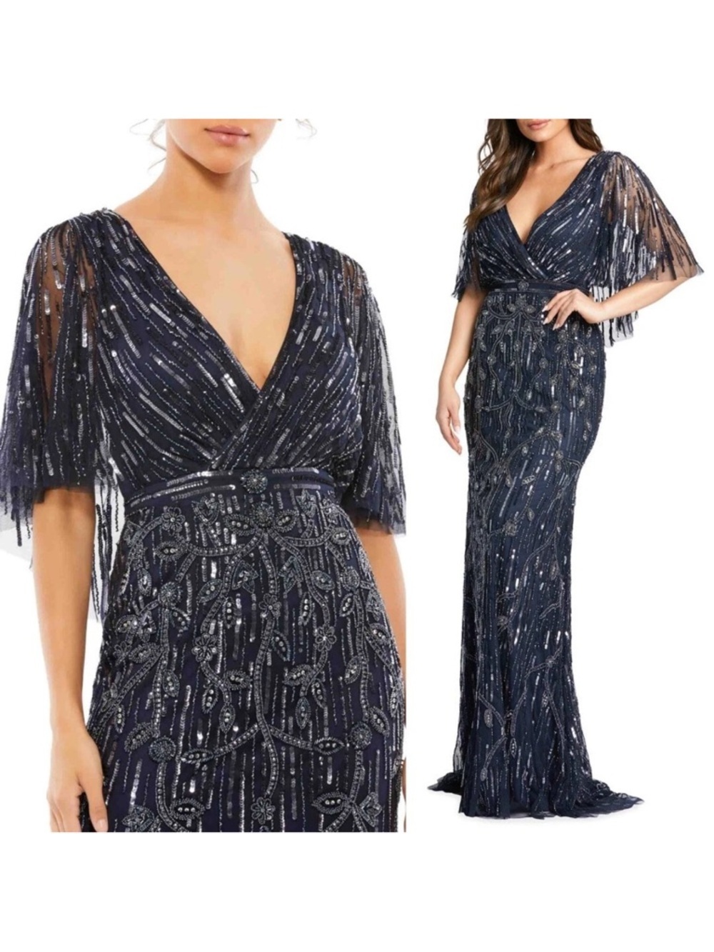 Mac Duggal Size 6 Navy 9064 Embellished Cape Sleeve Formal Trumpet Gown Dress